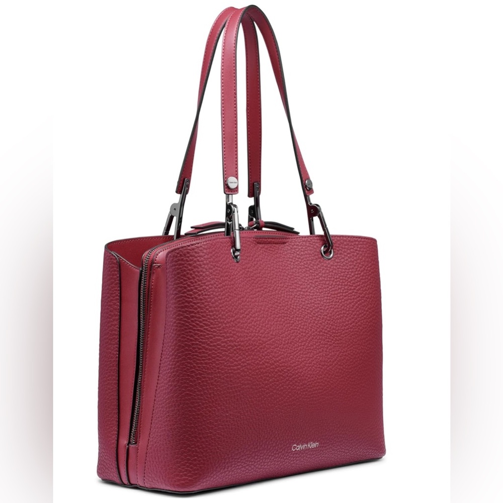 Calvin Klein Burgundy Triple Comparment Leather Tote